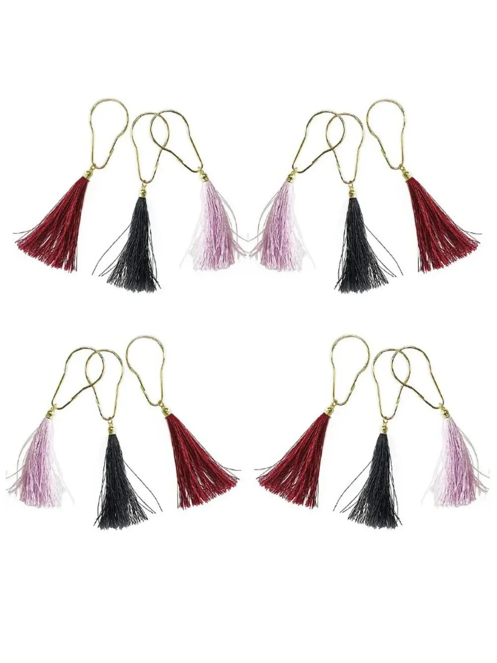 12-pc Wild Sage ERIKA Tassels Goldtone Shower Curtain Hooks in Pink Navy Wine